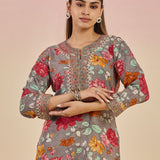 Diantha Grey Floral Printed Rayon Long Straight Kurta