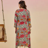 Diantha Grey Floral Printed Rayon Long Straight Kurta