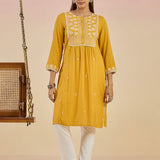 Anna Mustard Embroidered Rayon Kurta for Women