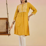 Anna Mustard Embroidered Rayon Kurta for Women