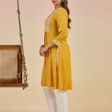 Anna Mustard Embroidered Rayon Kurta for Women
