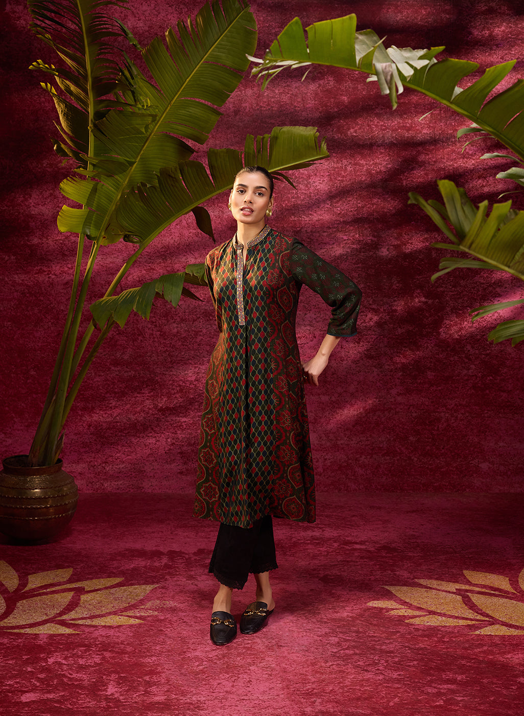 Taara Bottle Green Printed Viscose Silk Indo-Western Dress for Women