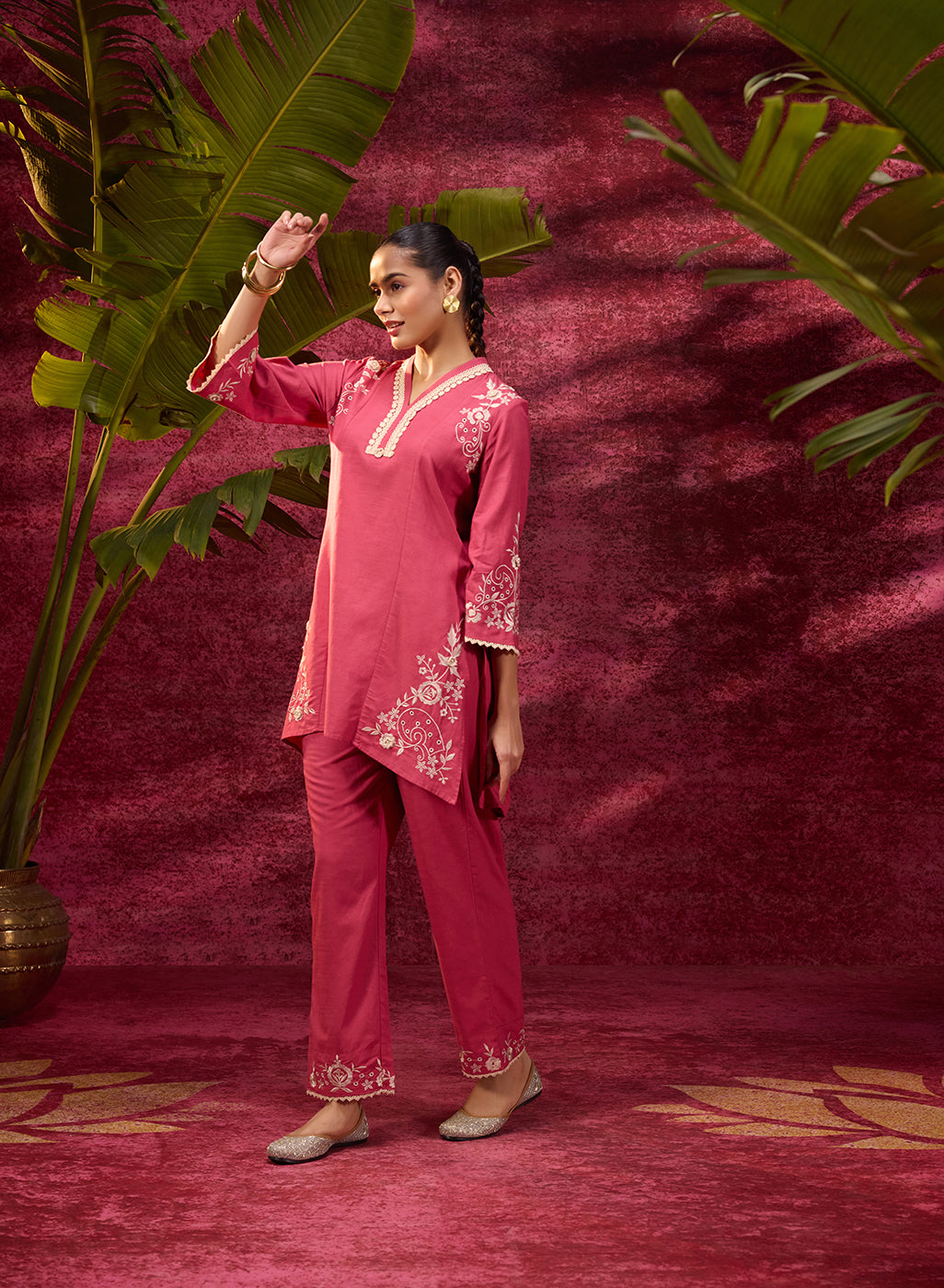 Watermelon Pink embroidered cotton linen Co-ord set for women