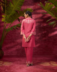 The back side of Aira Watermelon Pink embroidered cotton linen co-ord set for women