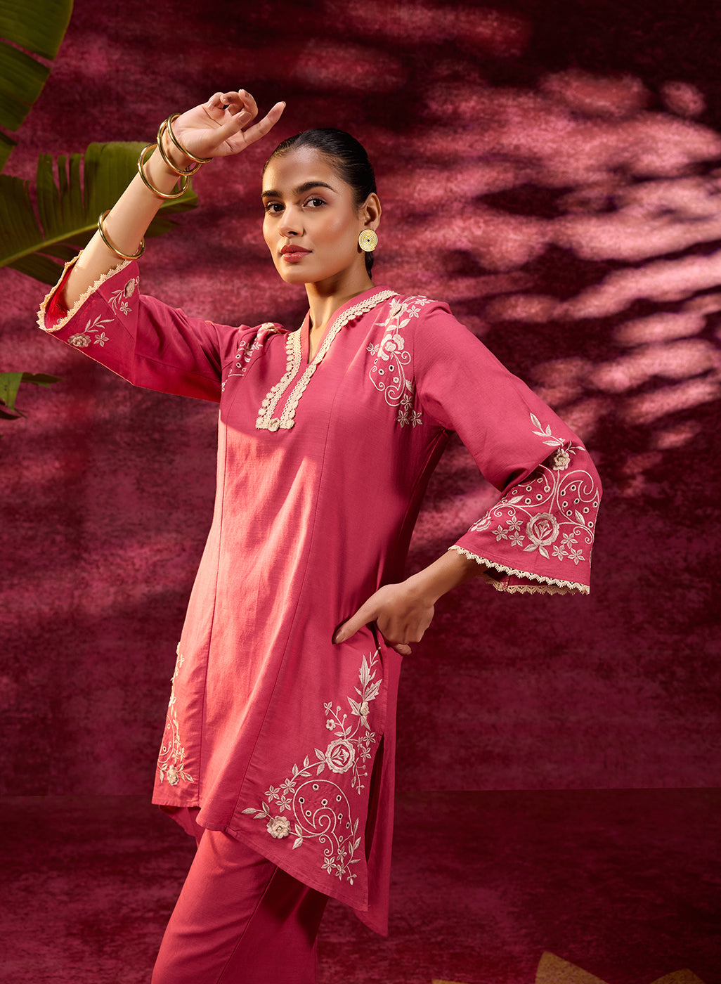 Watermelon Pink embroidered cotton linen Co-ord set for women