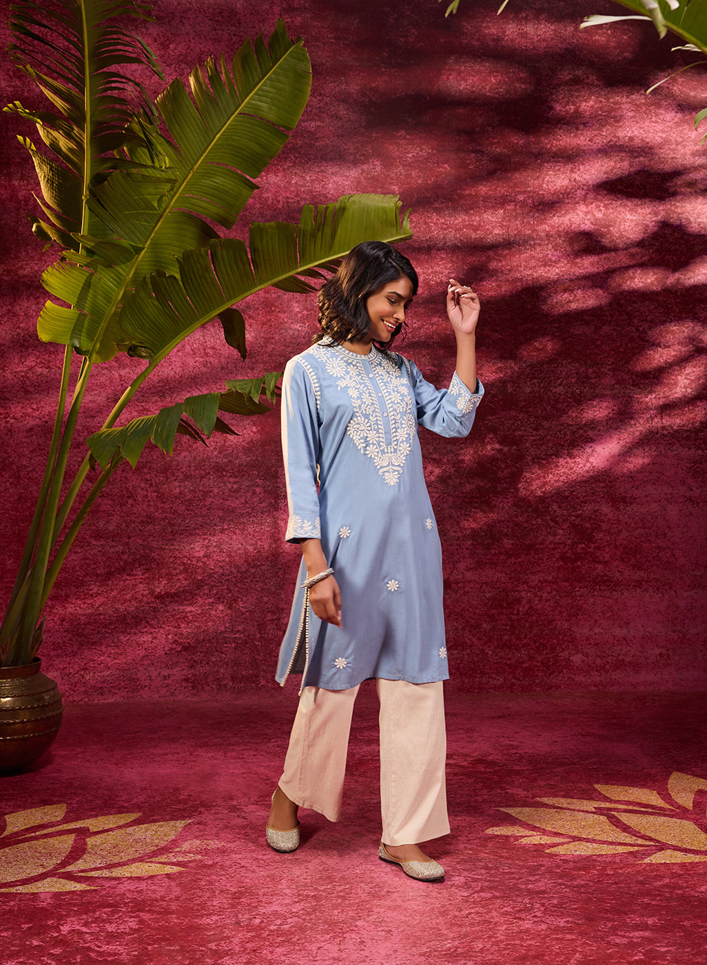 Saadgi Windy Blue Embroidered Cotton Linen Tunic for Women