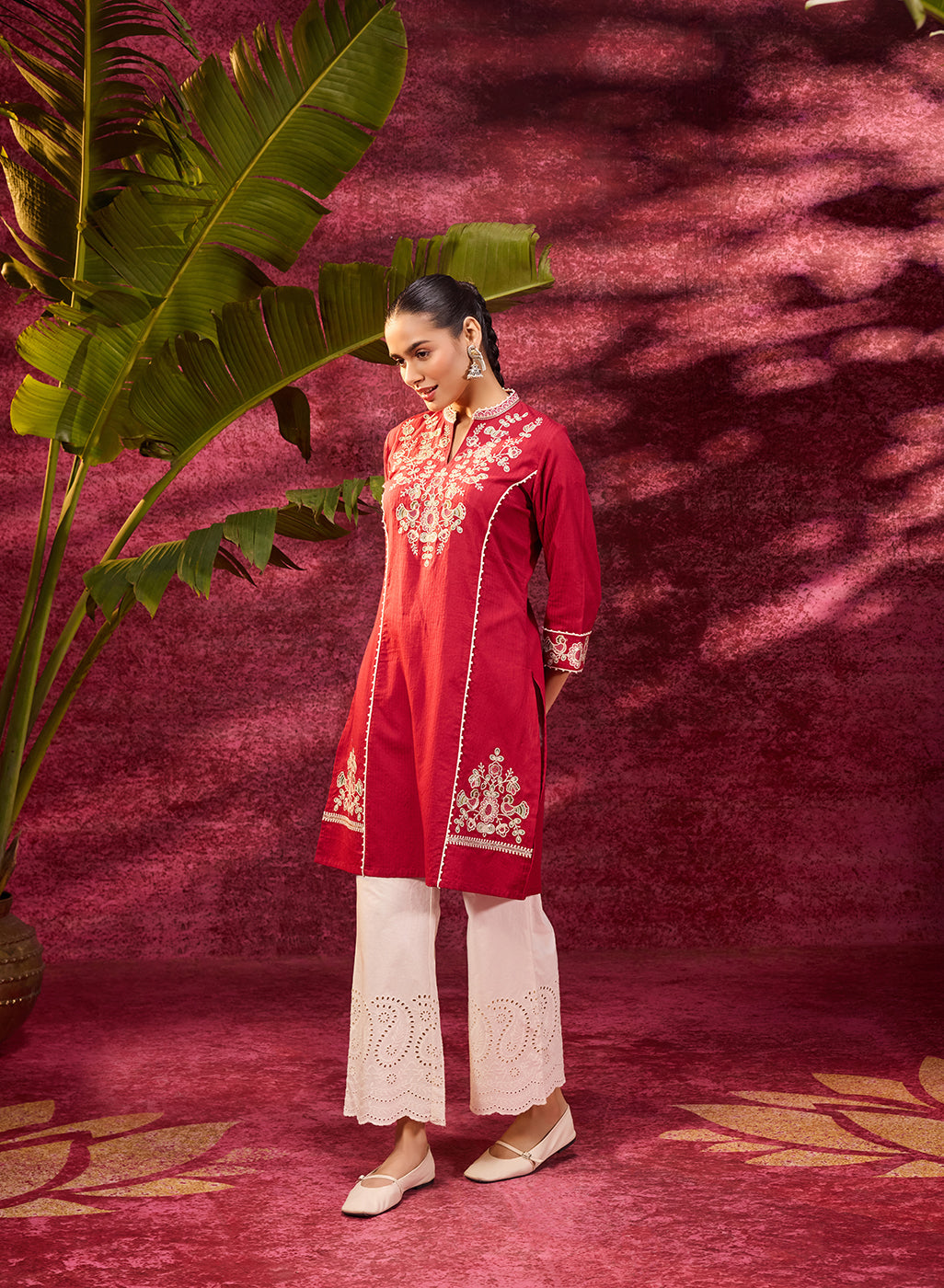 Zeenat Red Embroidered Striped Cotton Designer Kurta for Women