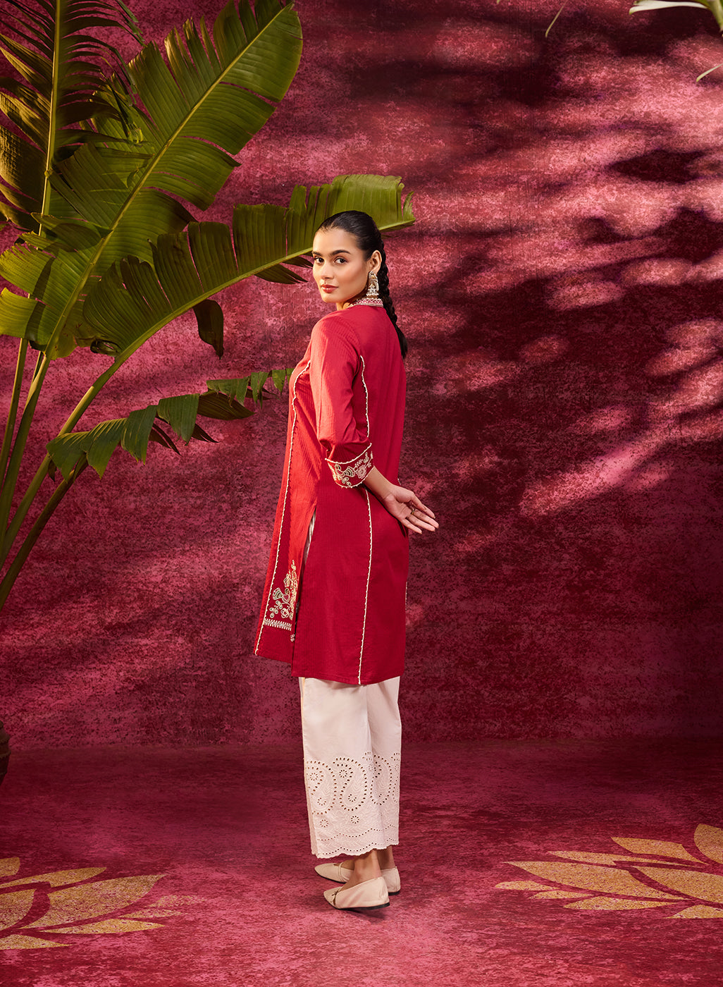 Zeenat Red Embroidered Striped Cotton Designer Kurta for Women