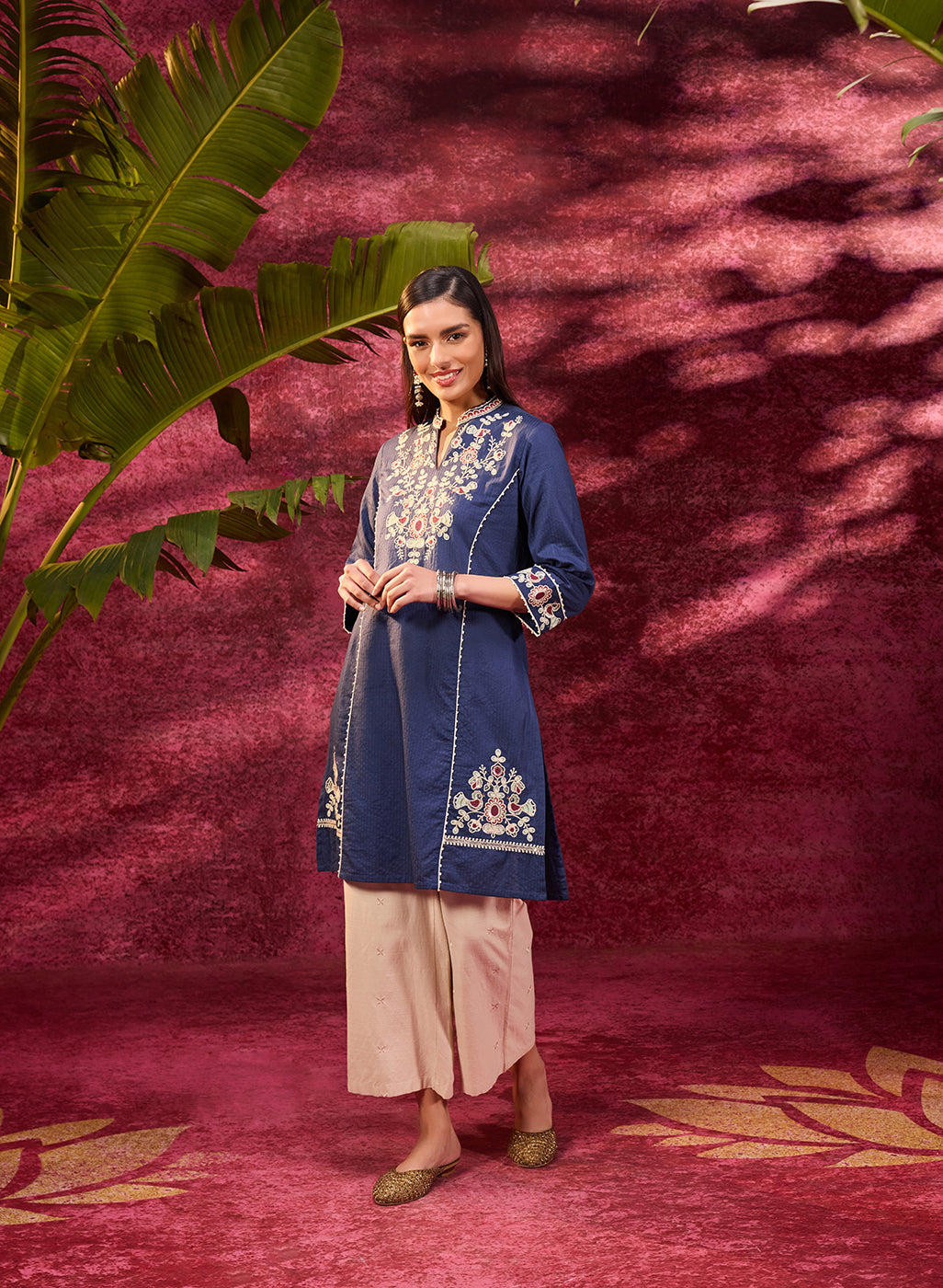 Zeenat Navy Blue Embroidered Striped Cotton Designer Kurta for Women