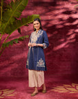 Zeenat Navy Blue Embroidered Striped Cotton Designer Kurta for Women