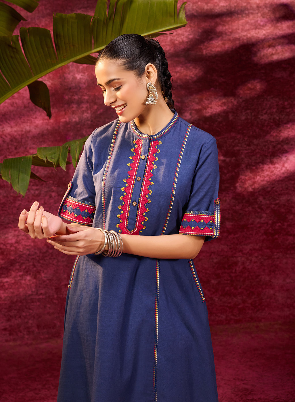 Grace Navy Blue Embroidered Tunic Set