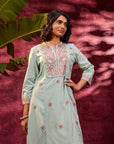 Gulaab Aqua Embroidered Cotton Linen Kurta Set for Women