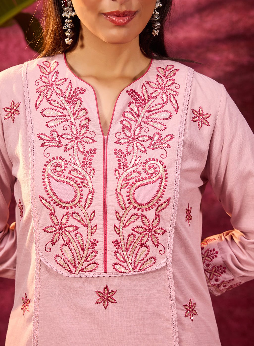 Gulaab Rose Pink Embroidered Cotton Linen Kurta Set for Women