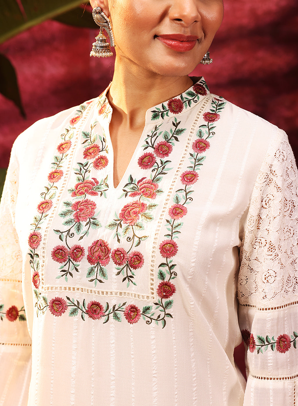 Bahaar Ivory Embroidered Sheer Top for Women