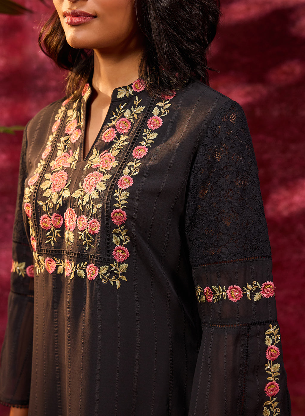 Bahaar Black Embroidered Sheer Top for Women