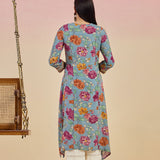 Diantha Blue Floral Printed Rayon Long Straight Kurta