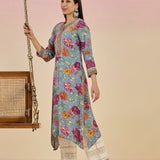 Diantha Blue Floral Printed Rayon Long Straight Kurta