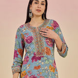 Diantha Blue Floral Printed Rayon Long Straight Kurta