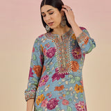 Diantha Blue Floral Printed Rayon Long Straight Kurta