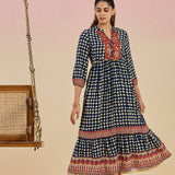 Cherie Navy Blue Checkered Print Rayon Flared Dress