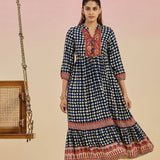 Cherie Navy Blue Checkered Print Rayon Flared Dress