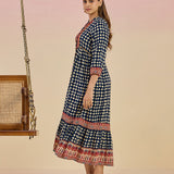 Cherie Navy Blue Checkered Print Rayon Flared Dress