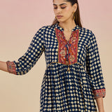 Cherie Navy Blue Checkered Print Rayon Flared Dress