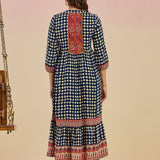 Cherie Navy Blue Checkered Print Rayon Flared Dress