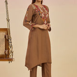 Ruqayya Gold  Abstract Embroidered Asymmetric A-line Long Kurta Set