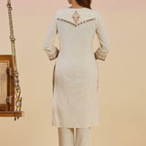 Aayina Natural Cotton Blend Mirrorwork V-neck Straight Long Kurta Set