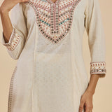 Aayina Natural Cotton Blend Mirrorwork V-neck Straight Long Kurta Set