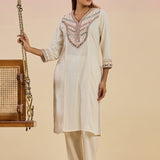 Aayina Natural Cotton Blend Mirrorwork V-neck Straight Long Kurta Set