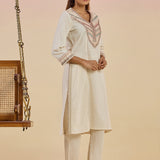Aayina Natural Cotton Blend Mirrorwork V-neck Straight Long Kurta Set