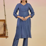 Jashn Denim Blue Self Embroidered Satin V-neck Straight Co-ord Set
