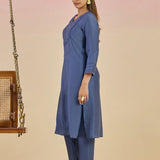 Jashn Denim Blue Self Embroidered Satin V-neck Straight Co-ord Set