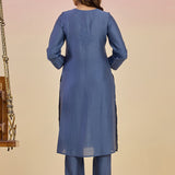 Jashn Denim Blue Self Embroidered Satin V-neck Straight Co-ord Set
