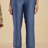 Jashn Denim Blue Self Embroidered Satin V-neck Straight Co-ord Set