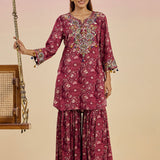 Raag Wine Abstract Printed Rayon Straight Mid Co-ord Set