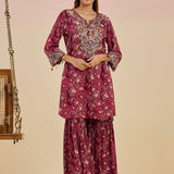 Raag Wine Abstract Printed Rayon Straight Mid Co-ord Set