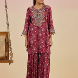 Raag Wine Abstract Printed Rayon Straight Mid Co-ord Set