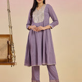 Kaya Lavender Cotton Jacquard Flared Mirrorwork Co-ord Set