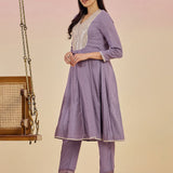 Kaya Lavender Cotton Jacquard Flared Mirrorwork Co-ord Set
