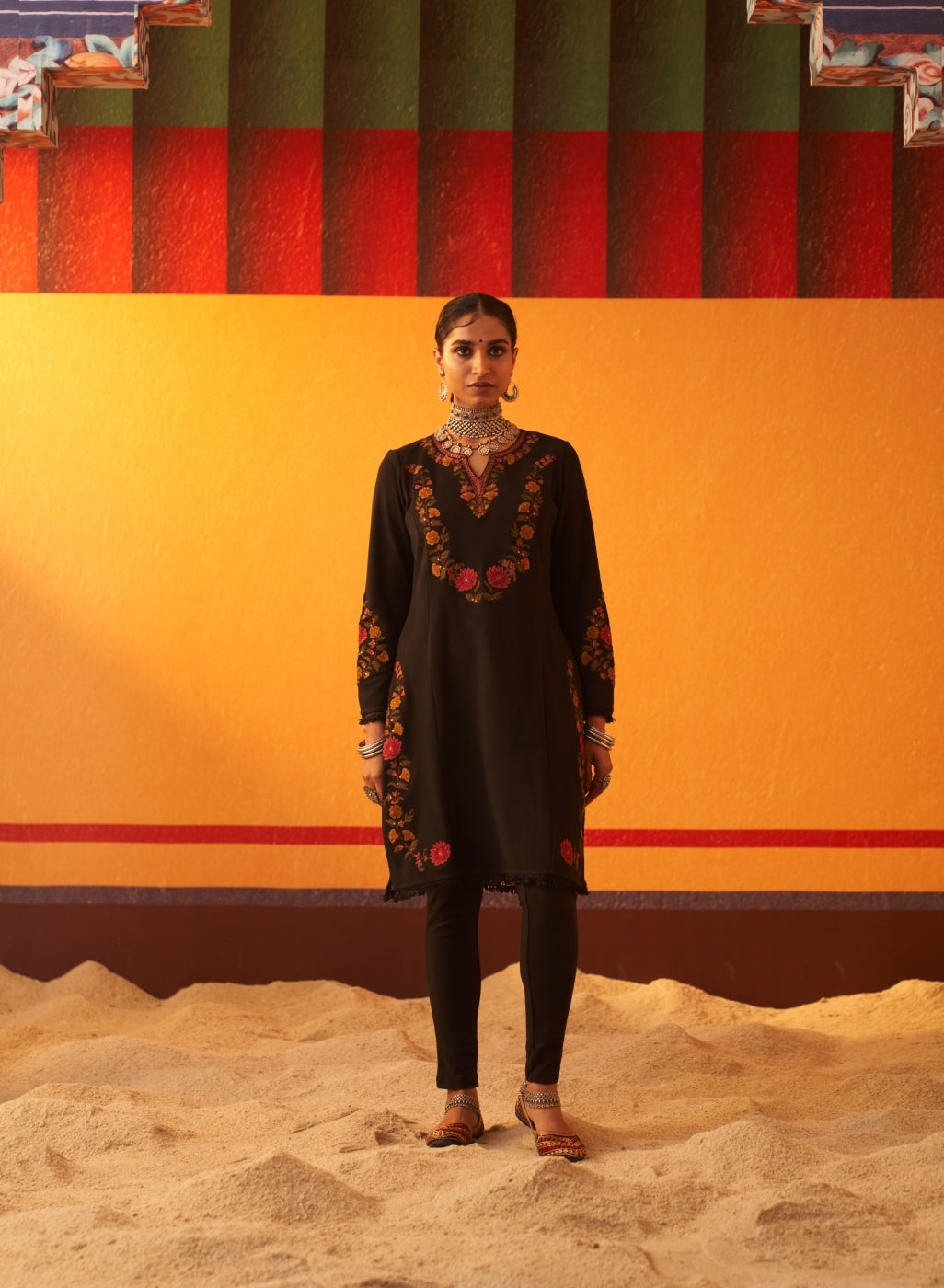 Black Woolen Kurta for Women with Thread Work and Lace Detailing