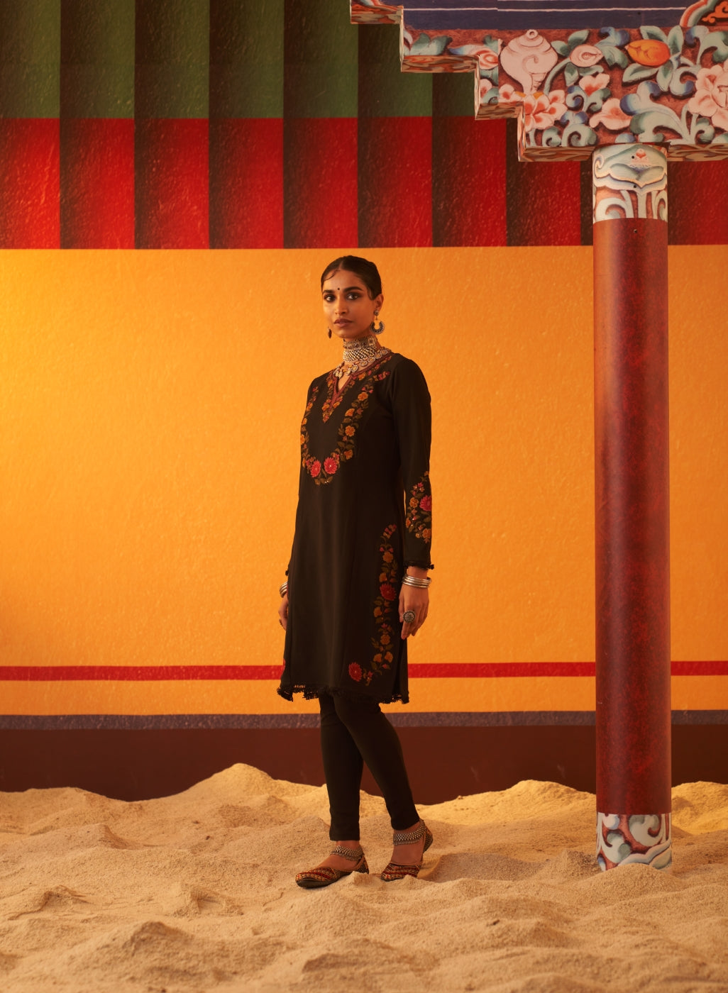Black Woolen Kurta for Women with Thread Work and Lace Detailing