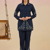 Nazm Dark Blue Floral Embroidered Cotton Collar Short Co-ord Set