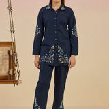 Nazm Dark Blue Floral Embroidered Cotton Collar Short Co-ord Set