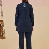Nazm Dark Blue Floral Embroidered Cotton Collar Short Co-ord Set