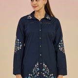 Nazm Dark Blue Floral Embroidered Cotton Collar Short Co-ord Set