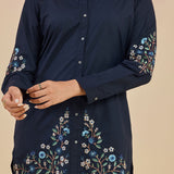 Nazm Dark Blue Floral Embroidered Cotton Collar Short Co-ord Set