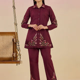 Nazm Wine Floral Embroidered Cotton Collar Short Co-ord Set
